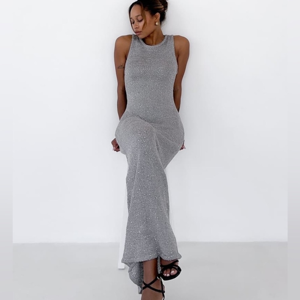 Rumored Stella Maxi Dress Silver Sequin XS NWT